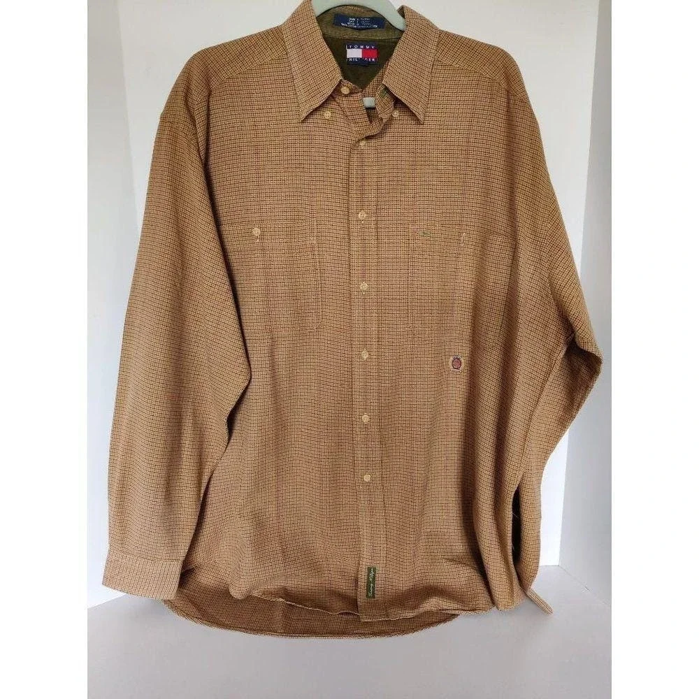 Vtg. Men Tommy Hilfiger Button Down Shirt Large Long Sleeve Plaid Brown Red